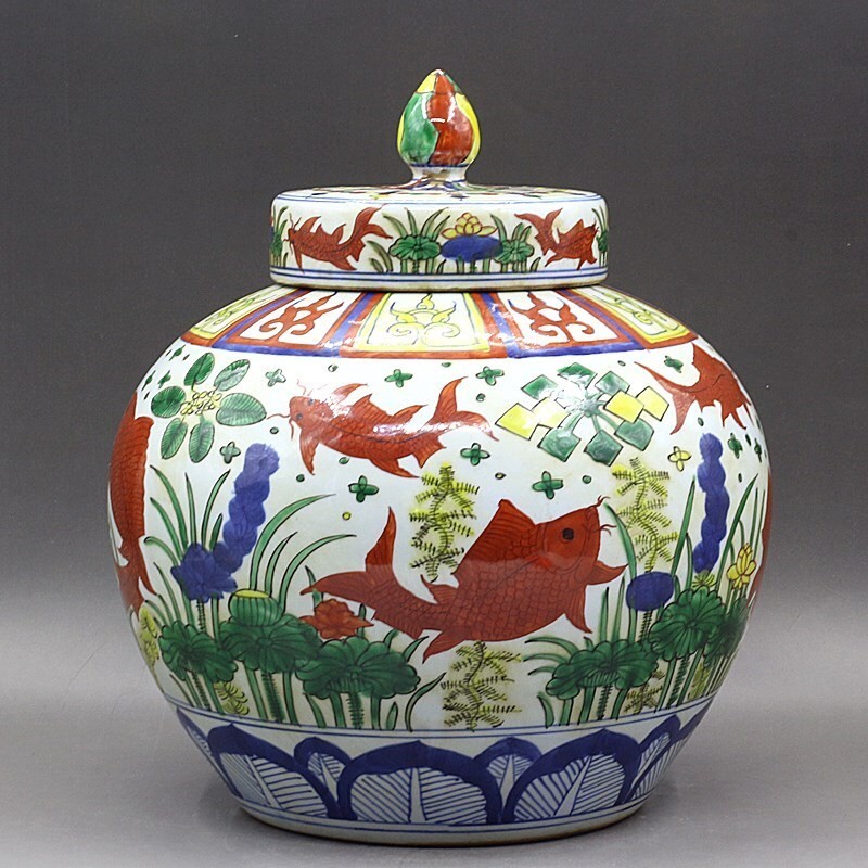 Ming Jiajing Colorful Fish and Algae Pattern Jar Antique Second Age Porcelain Old Goods Collection D