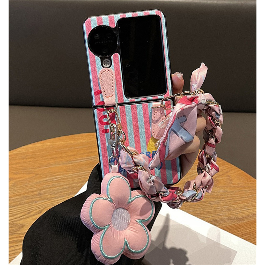 เกาหลีหรูหราน่ารักสีฟ้าสีชมพูลายเคสโทรศัพท์พร้อมสร้อยข้อมือผ้าพันคอดอกไม้สําหรับoppo N3Flip N2 Flip N3 Flip N2flip N3Flip Cover