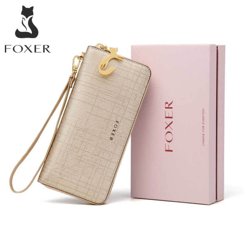 ▣ FOXER Women Cow Leather Long Wallet With Wristlet Card Holder Coin Purse Cellphone Bag Female