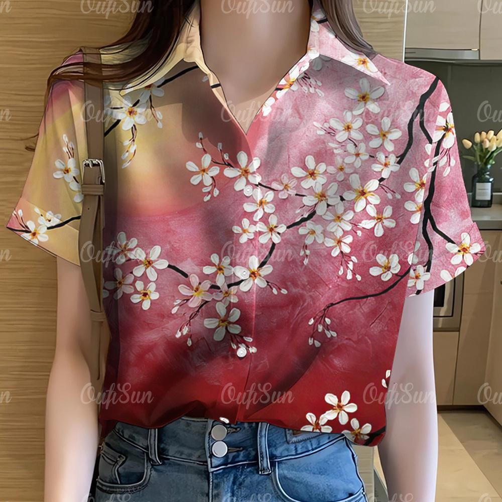 เสื้อฮาวายลายดอกไม้ สีรุ้ง พิมพ์ลาย กราฟฟิตี้ แขนสั้น ขนาดใหญ่ลําลองสําหรับผู้หญิง
