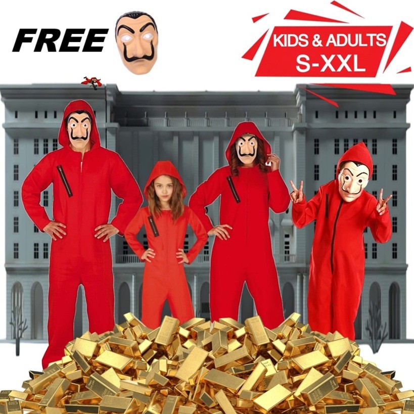 (ฟรีหน้ากาก) AWH Unisex ผู้ใหญ่เด็ก Heist คอสเพลย์เครื่องแต่งกาย Salvador Dali หน้ากากสีแดงจัมเปอร์ช