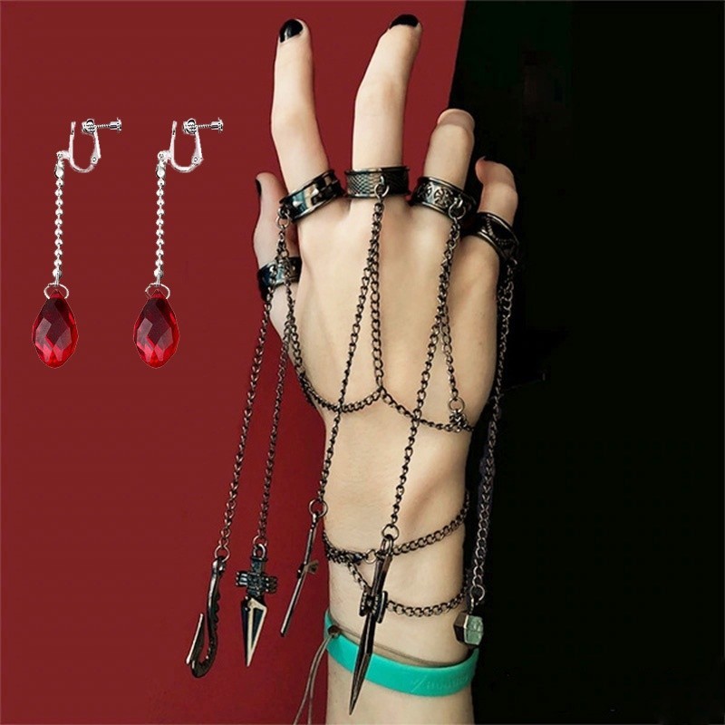 anime Hunter x Hunter Kurapika Five fingers chain Earrings cosplay chains punk Hip Hop Vintage Cros