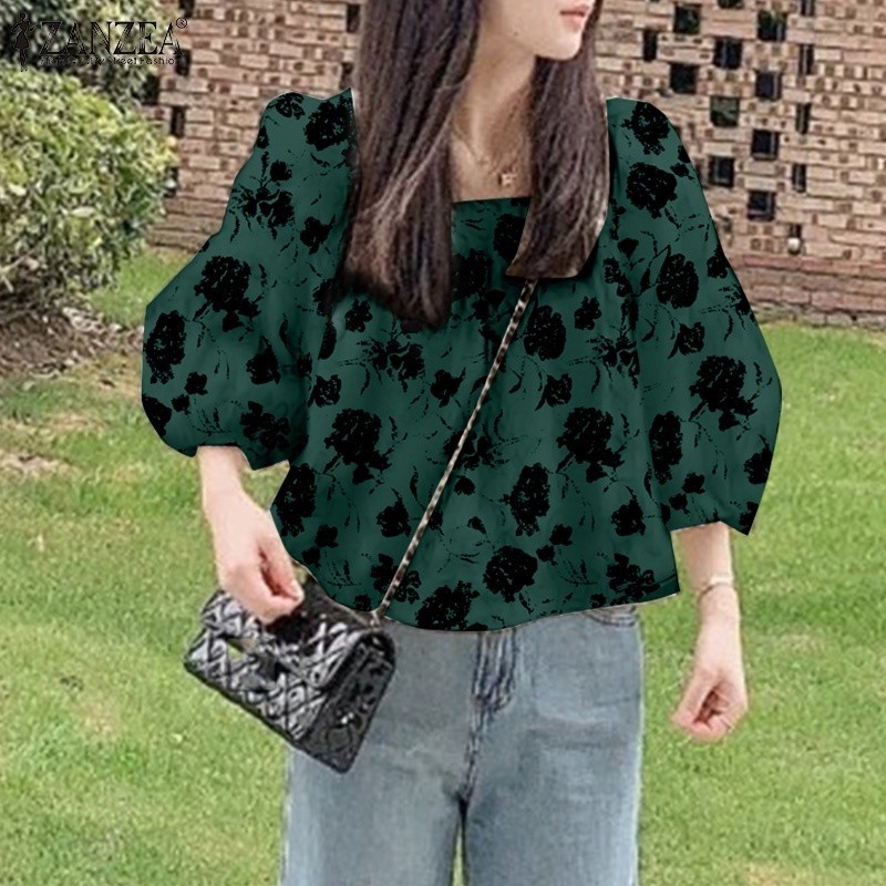 bananashop  ♞,♘Zanzea เสื้อเบลาส์ลําลอง แขน 3/4 คอสี่เหลี่ยม พิมพ์ลาย สไตล์เกาหลี สําหรับผู้หญิง
