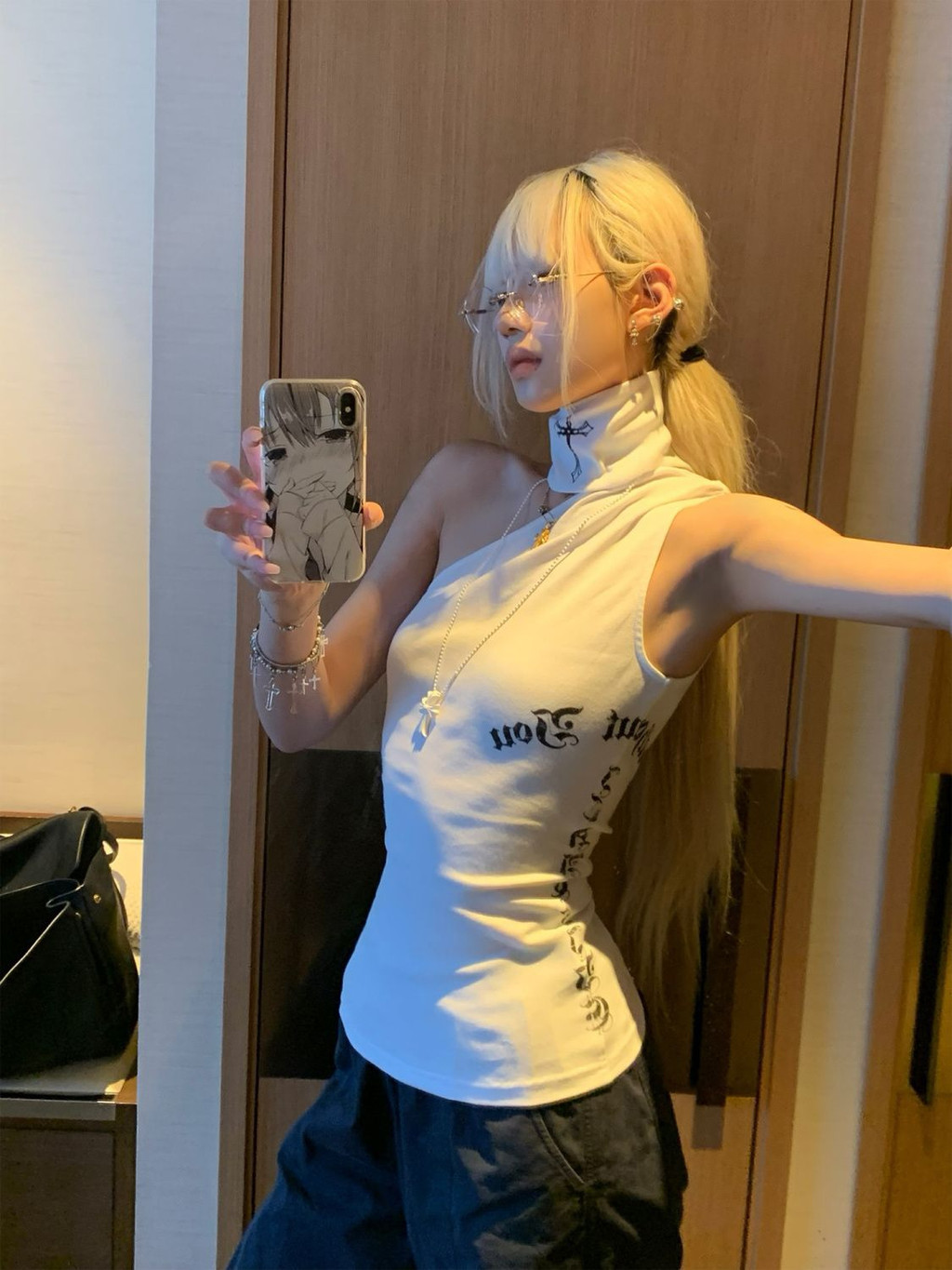 Shanmieleng Original Hot Girl Cross พิมพ์คอสูง Halter คอ Crossbody Vest สาวร้อน Slim-fit แขนกุดด้านบน