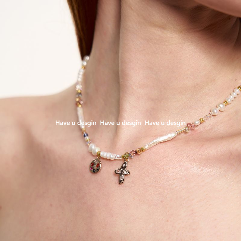 Have u desgin Mixed Color Irregular Cross High-End Classy All-Match Necklace