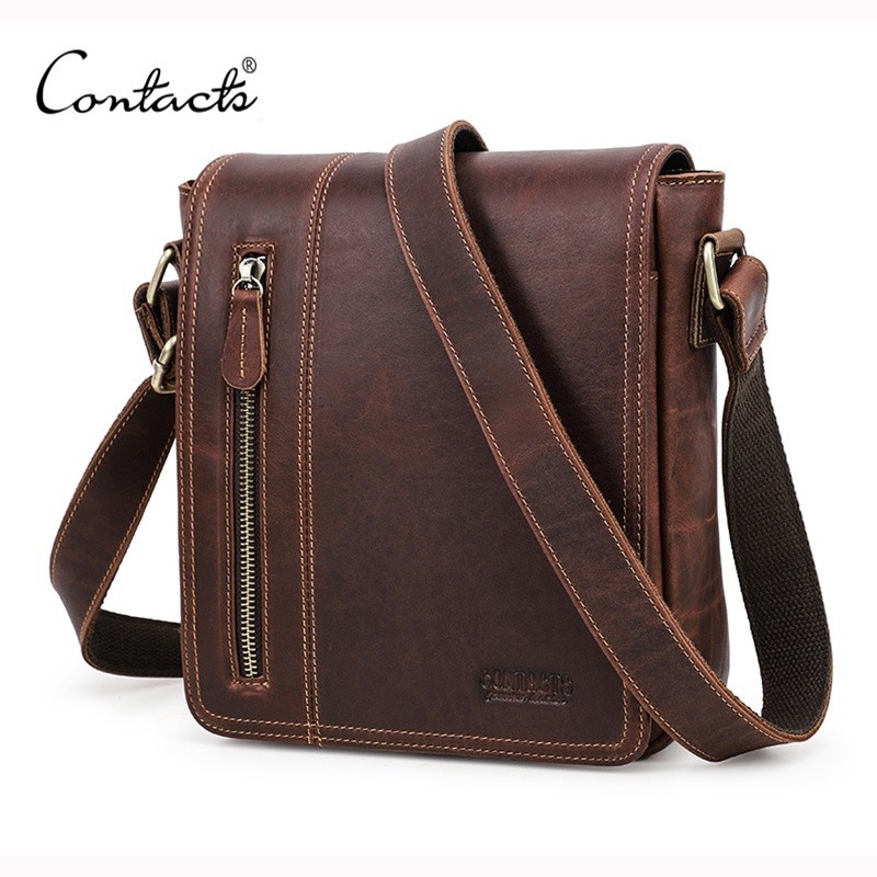 CONTACT'S Business Men's Shoulder Bags Crazy Horse Leather Messenger Bag Flap Casual Male Small Cro