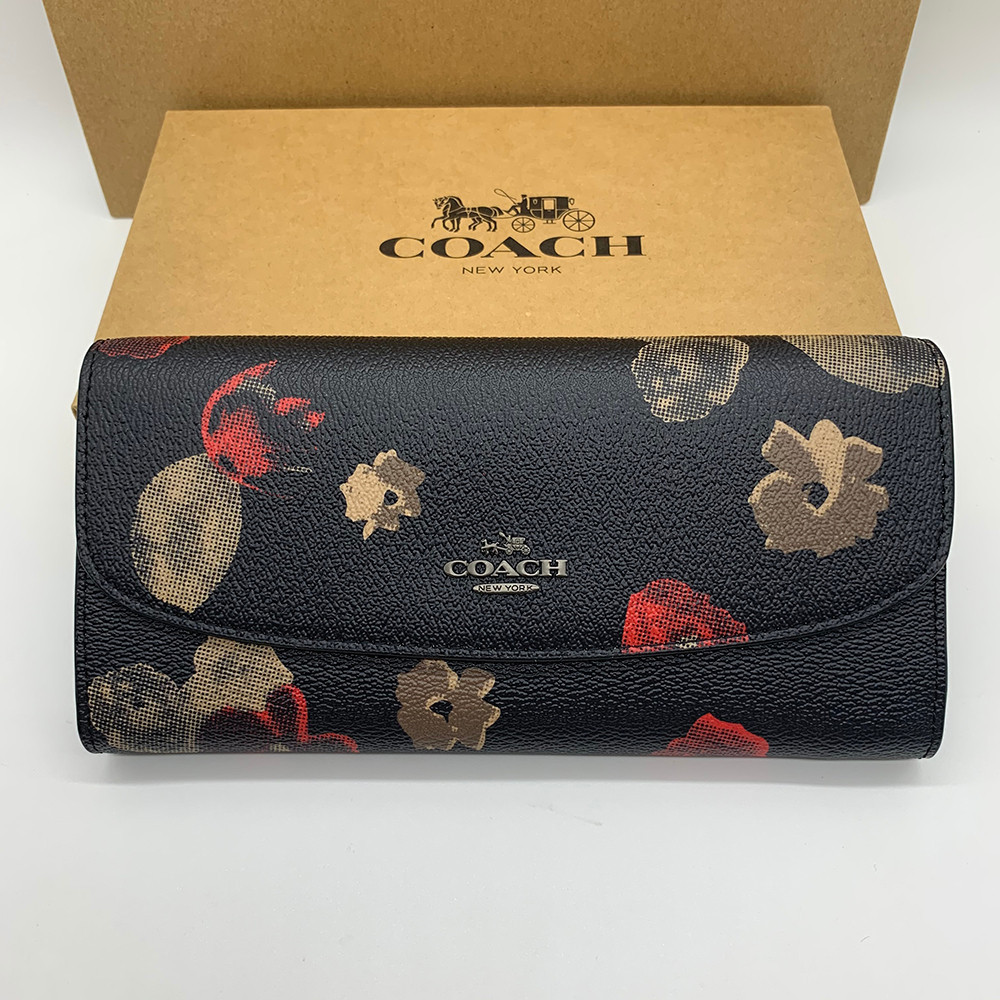 กระเป๋าสตางค์ COACH F55675 หนังแท้ 100% ใบยาว มีซิป ลายดอกไม้ สําหรับผู้หญิง