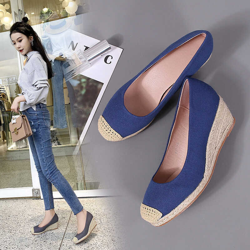 ❤ Women Casual Straw Wedge Fisherman Girl New Canvas High Heels Slip-On Shoes