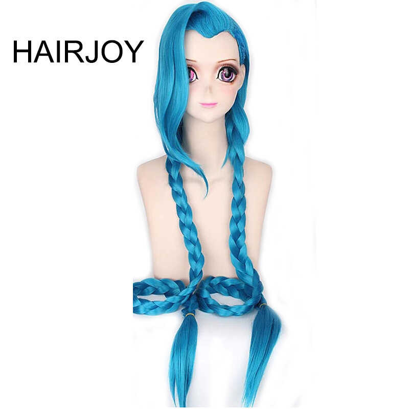 คอสเพลย์ HAIRJOY Lol Jinx 100 ซม. สีฟ้าคู่ถักเปียฮาโลวีนอะนิเ