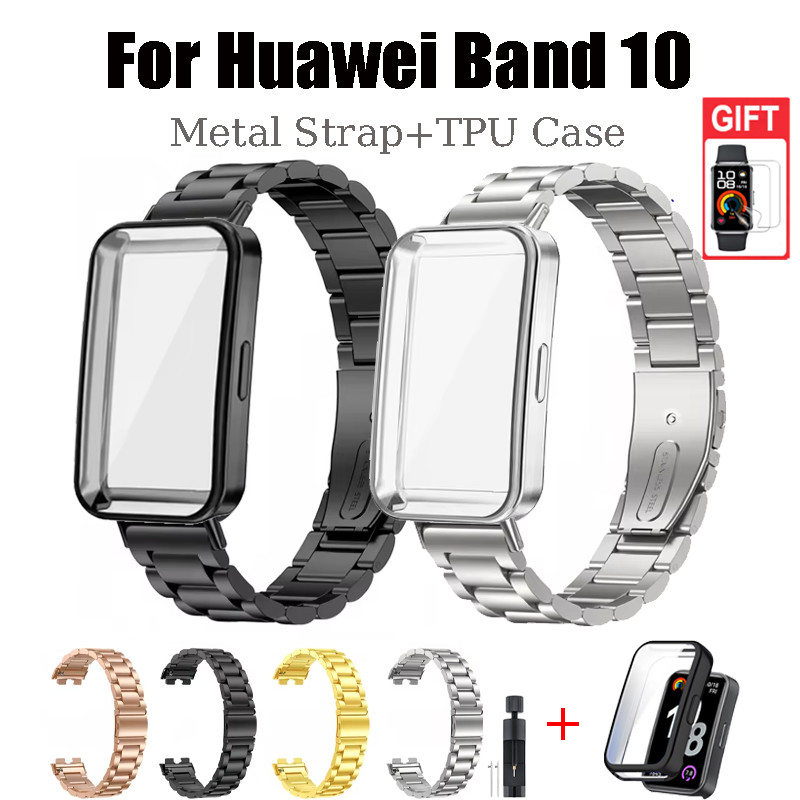 สายสแตนเลส + TPU สําหรับ Huawei Band 10 สายโลหะสําหรับ Huawei Band10 Electroplated เคสป้องกันเปลี่ยน