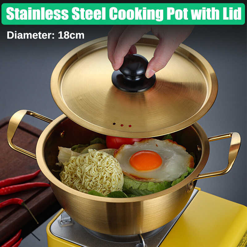 Stainless Steel Noodle Pot Ramen Pot With Lid Thickened Golden Double-Handled Pot For Gas And Elec