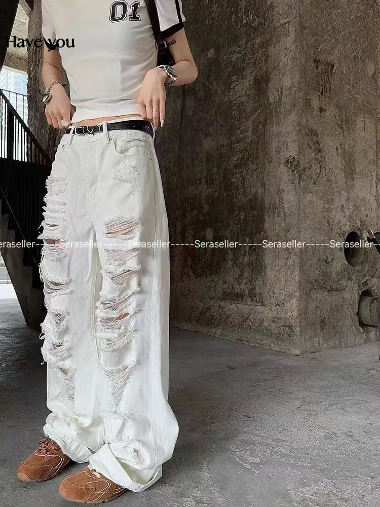High Street สีขาว Ripped กางเกงยีนส ์ ผู ้ หญิงฤดูร ้ อนสไตล ์ ใหม ่ เอวสูงหลวม Slimmer ดูออกแบบตรงกางเกงขากว ้ าง Tren