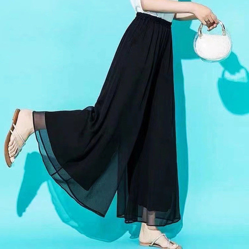 Skorts ผู้หญิงฤดูร้อนใหม่ผ้าไหมน้ําแข็งชีฟองเอวสูงบางกว้างขากว้างหลวม Drop ขนาดใหญ่ Cropped กางเกง