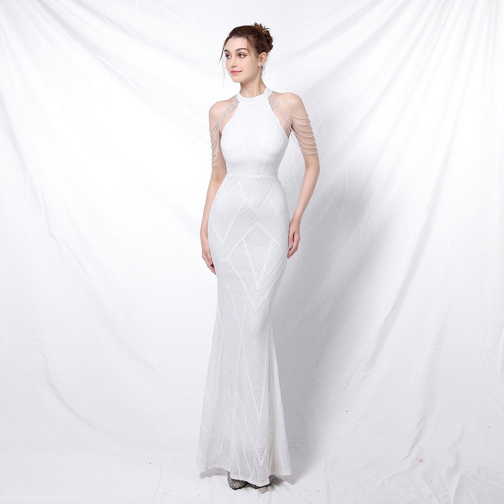 Women's Sexy V Neck Bodycon Sequin Gown Evening Dress Banquet temperament elegant long halter neck