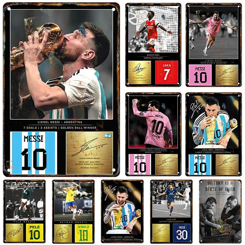 Messi Wall Decor ฟุตบอล Legends Art พิมพ์ Messi ลายเซ็นโปสเตอร์ Super Soccer Star เหล็กแผ่นจิตรกรรมส