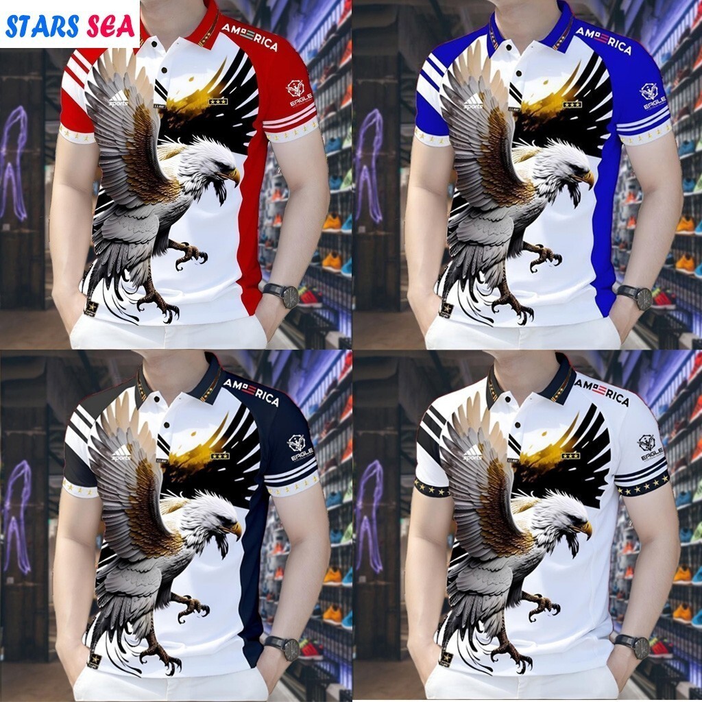เสื้อโปโลผู้ชาย,เสื้อโปโลพิมพ์ลายนกอินทรีผู้ชายแห้งเร็วชุดกีฬาลําลองระบายอากาศ