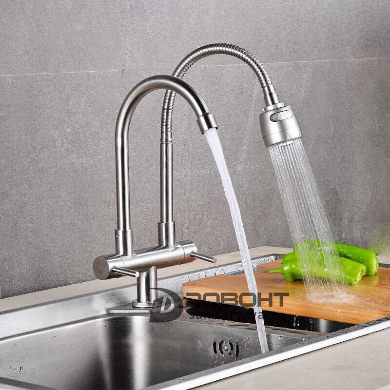Stainless Steel DOBOHT Single Cold Water Tap Double Dual Spout Kitchen Faucet CT0089SS