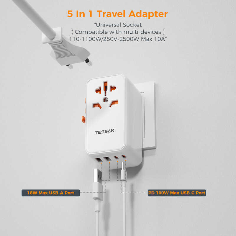 ❤ [Tessan]100W 65W 60W ชาร์จเร็ว Universal Power Adapter, International Plug Adapter พ
