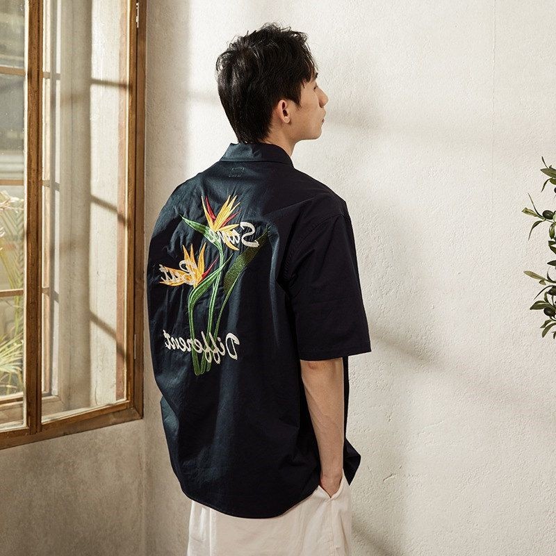 เสื้อเชิ้ตคอคิวบาแขนสั้น ลายปักดอกไม้นกแห่งสวรรค์ สไตล์วินเทจญี่ปุ่น thumbnail 4