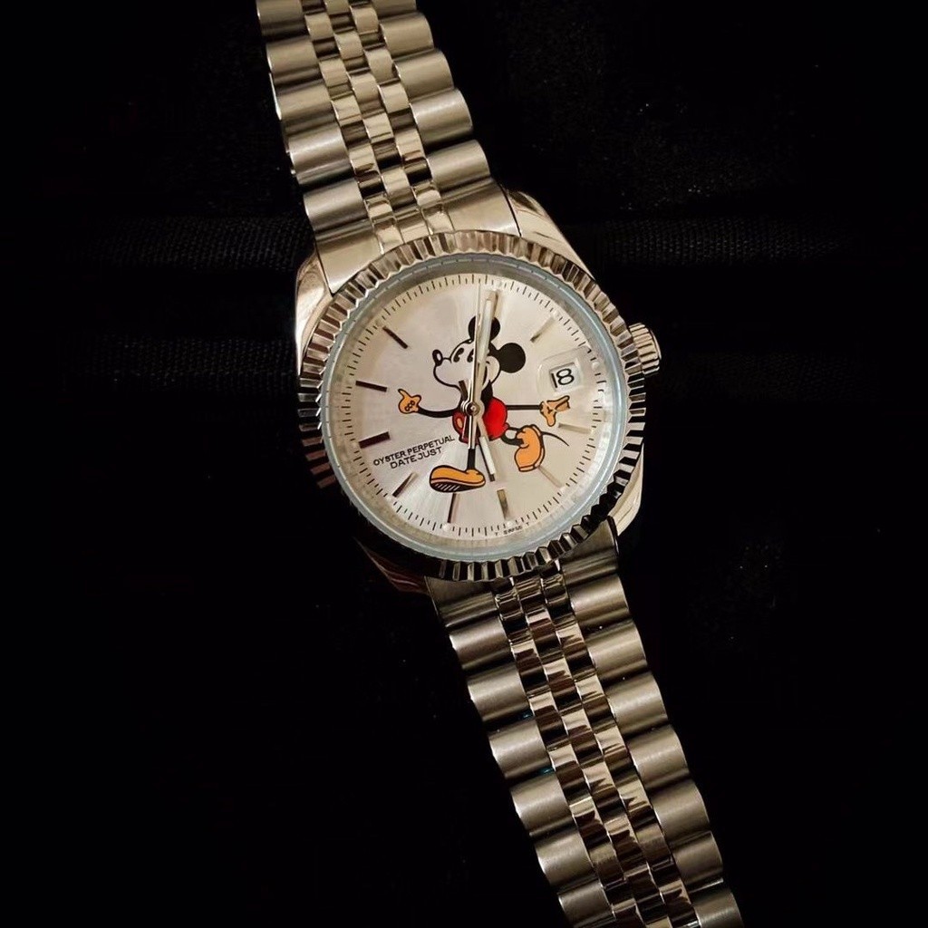 (($ยอดนิยม $) Disney Mickey Mouse นาฬิกาข้อมือ สายเหล็ก หรูหรา