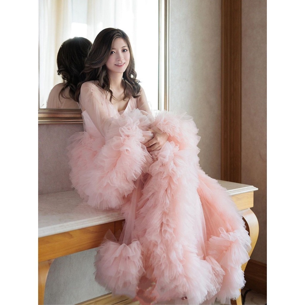 Nine Tail Fox Morning Gowns Pink Mesh Suit Sling Long Sexy Bridal Gown Morning Gowns Morning Shooti