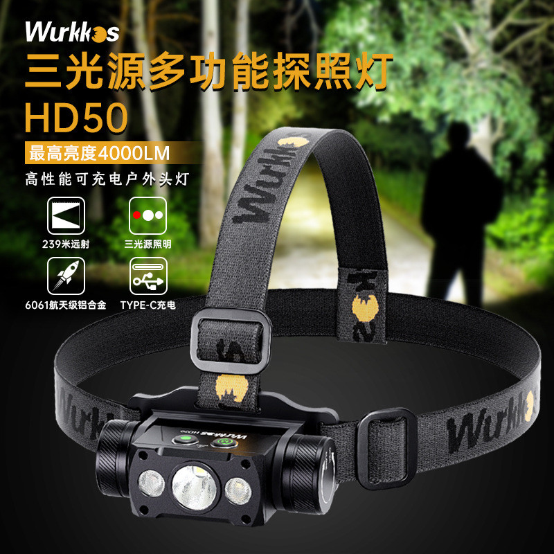Wurkkos Worxda HD50 ตะเกียงหัวเบสที่แข็งแกร่งชาร์จไฟส่องสว่างหัวติดตั้งหัวจง