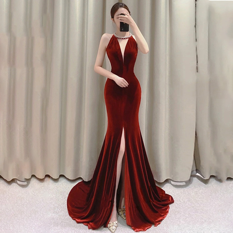 Women's Maxi Prom Dress Bodycon Sexy Formal Evening Gown Fishtail Hanging Neck Evening Party Dresse