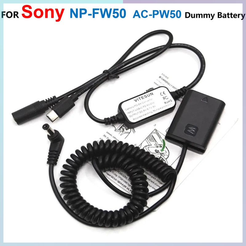 แบตเตอรี่ปลอม AC-PW20 NP-FW50 + สาย USB แบบสปริงแบตสำรองสำหรับ Sony ZV-E10 A7M2 A7II A7S2 A7R A7RII