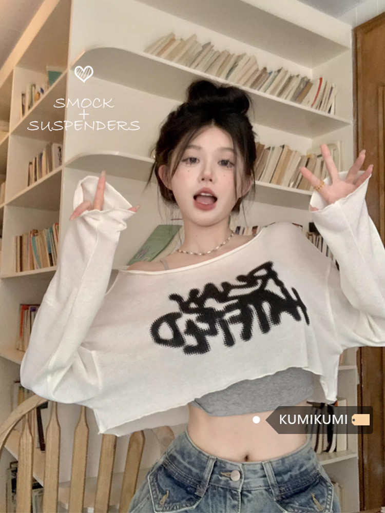 Solovely สไตล์เกาหลี เสื้อผู้หญิง เซ็กซี่ เสื้อครอป แขนยาว ปิดไหล่ เสื้อยืด