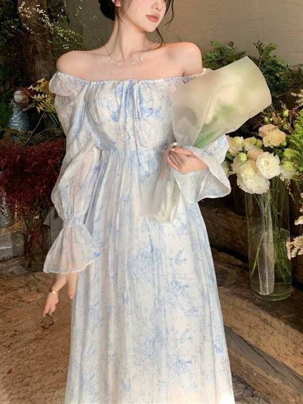 Floral Sexy France Corset Women Elegant Maxi Casual High Waist Puff Sleeve Korean Summer Dress