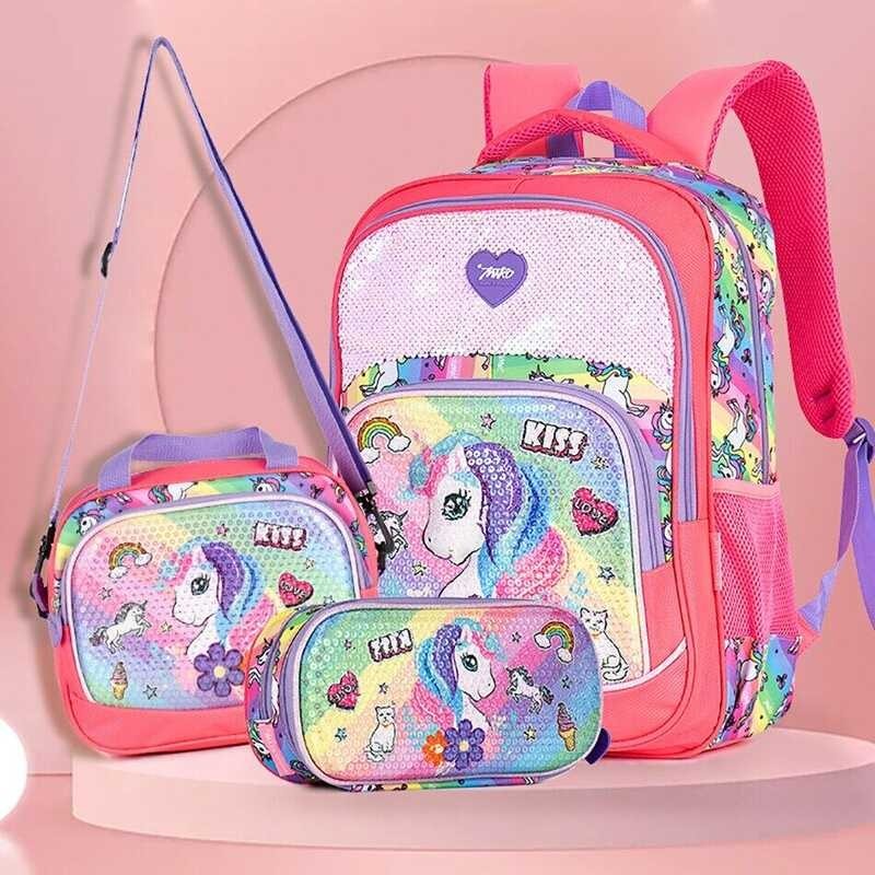 Sequins 3pcs/set Teens Unicorn 3D Cartoon Student Children Kids School Bags Backpack for Girls with