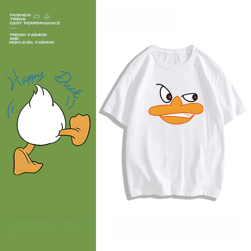 Seze0 Unisex Retro ขนาดใหญ่เป็ดสีเหลืองพิมพ์รอบคอแขนสั้นเสื้อยืดสําหรับผู้หญิง Cc