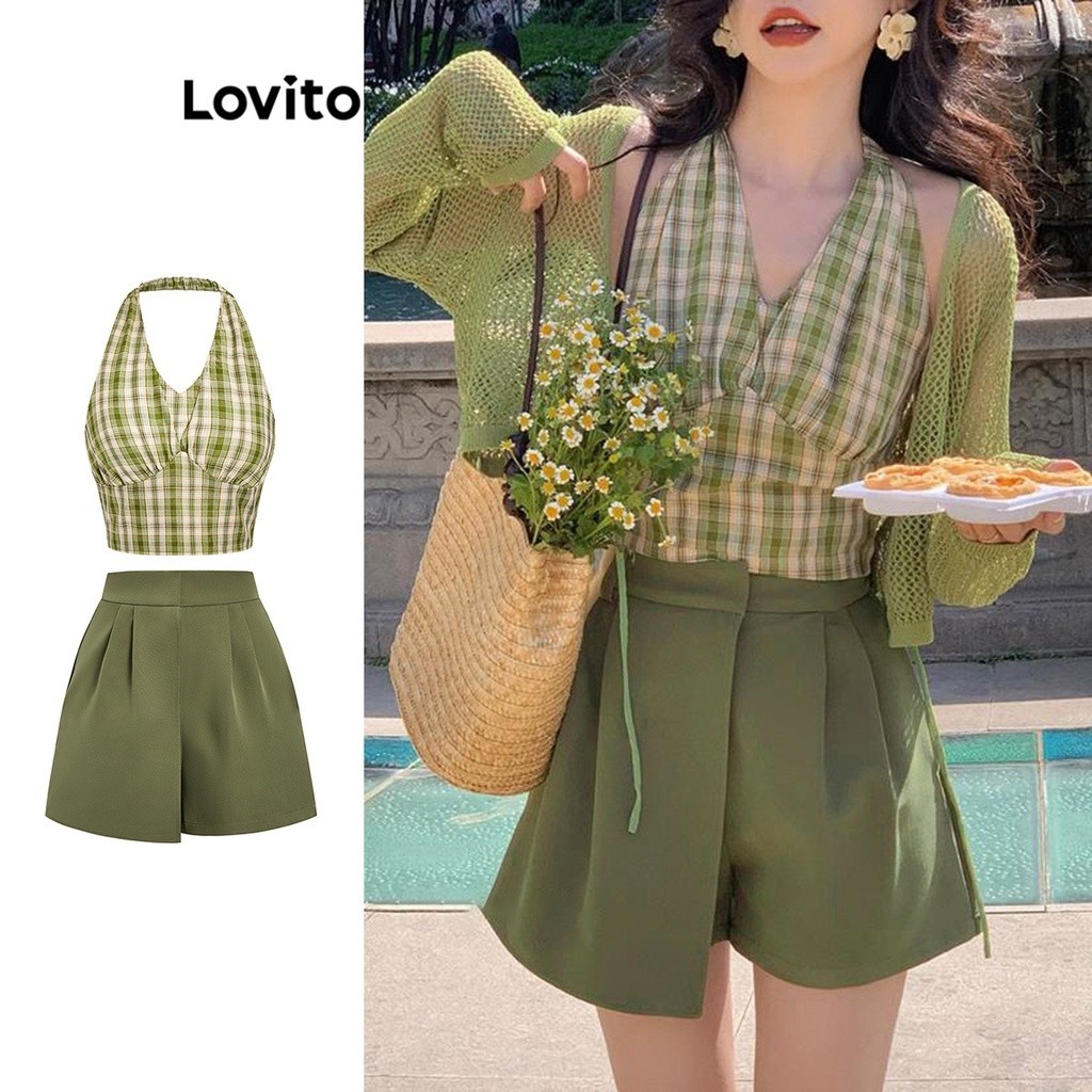 Lovito ชุดเซ็ท กางเกงขาสั้น ผู้หญิง มีสายคล้องคอ เปิดหลัง ลายสก๊อต สไตล์ลำลอง L62ED109 (เสื้อ/กางเก