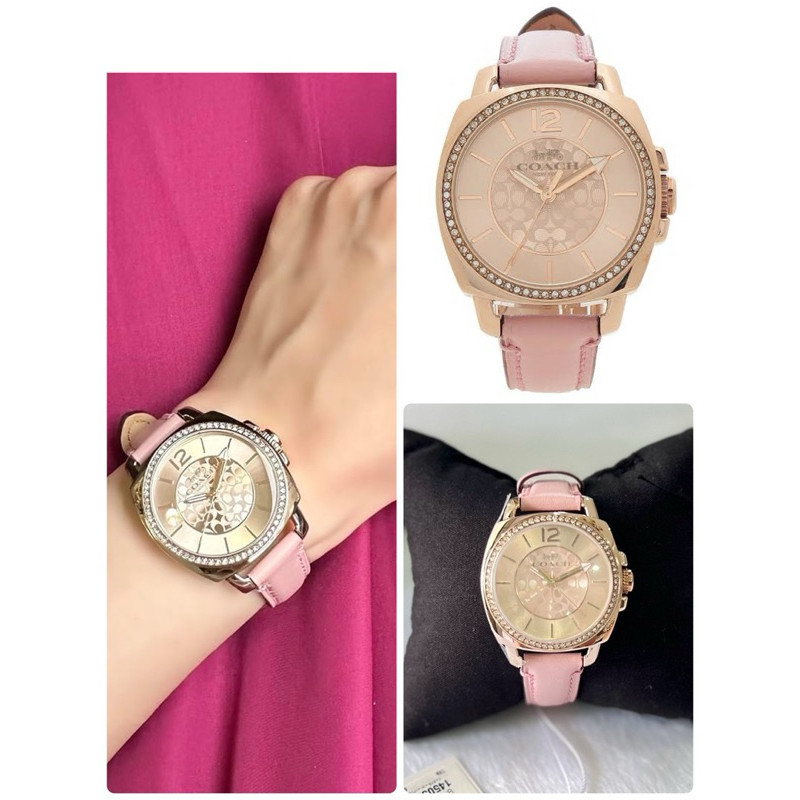 ♞,♘,♙(ผ่อน0%) นาฬิกา Coach Boyfriend Quartz Watch 14503981 Women's Pink หน้าปัด 34mm. สายหนังสีชมพู