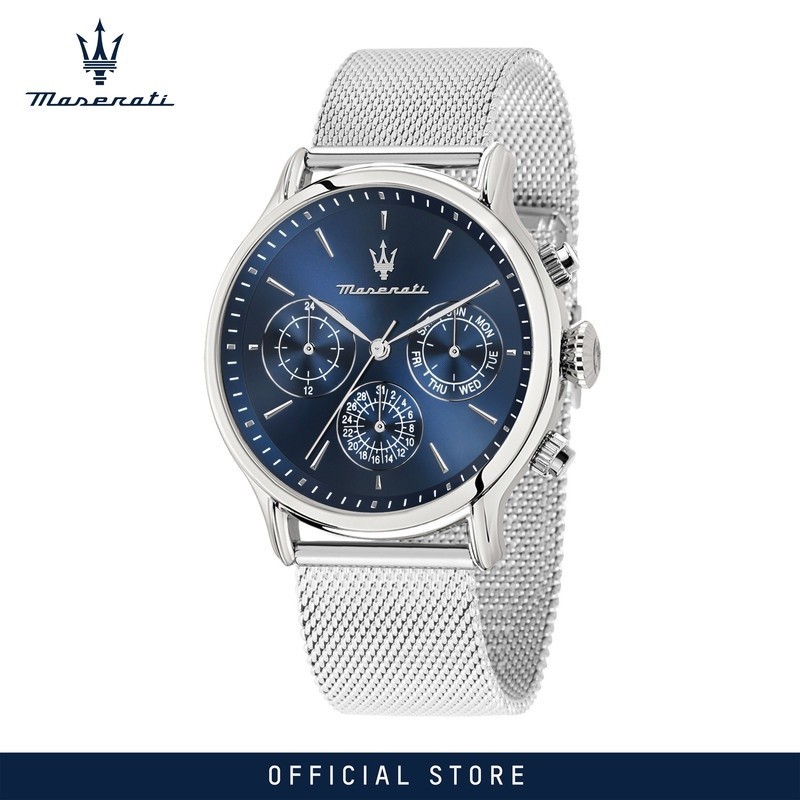 【2 Years Warranty】 Maserati Epoca 42mm Blue Sunray Dial Men's Chronograph Quartz นาฬิกาข้อมือ R8853