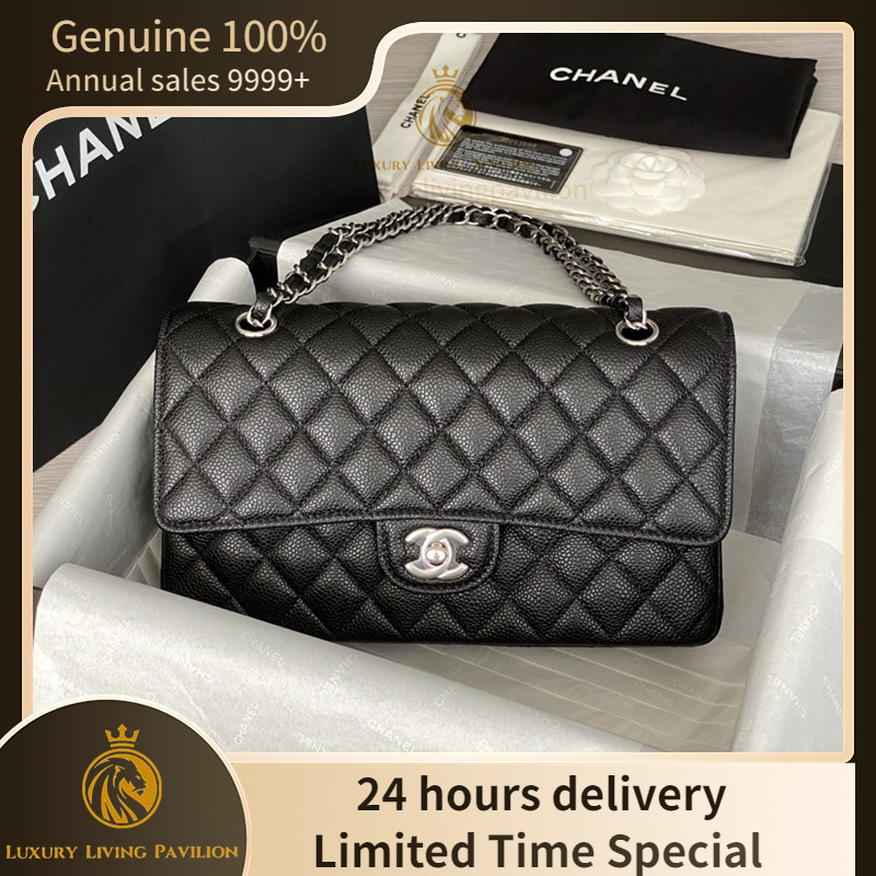 ♞,♘,♙ซื้อในฝรั่งเศส ใหม่  Chanel Classic Flap สีดำ/หัวเข็มขัดเงิน กระเป๋าสะพาย กระเป๋าแฟชั่น ของแท้