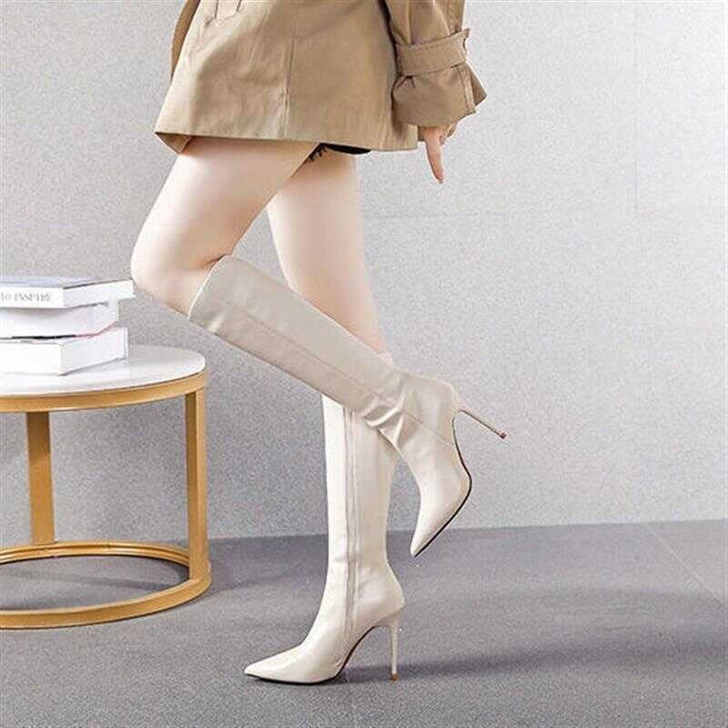 ❤ Codwuyan8340 9.5Cm Beige Boots Women Pointed High Heel Not Over Knee Long Boots米色长靴女2023年