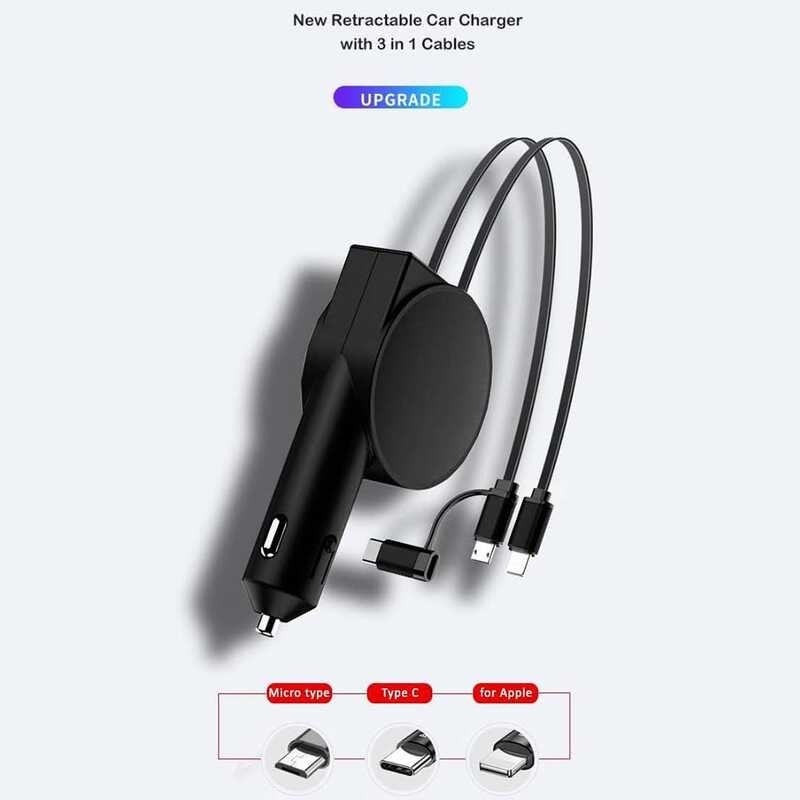 ❤ 3In1 2-Wire 60W Retractable 80Cm Line Car Charger Fast Charging Multi-Function 5V/3A PD 9V/5A T