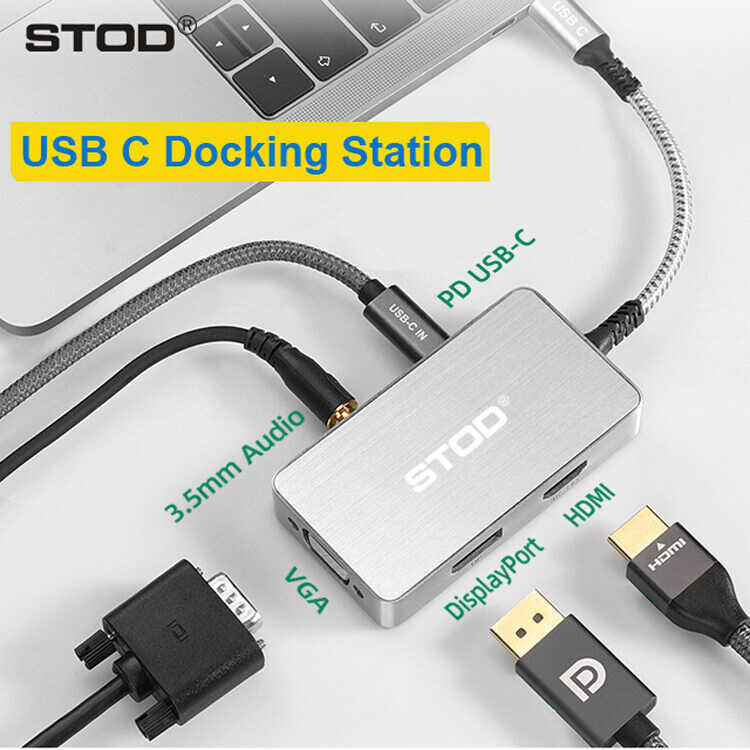 Docking Station STOD USB C HUB Adapter HDMI DisplayPort DP VGA Video Splitter 3.5Mm Audio Earphone
