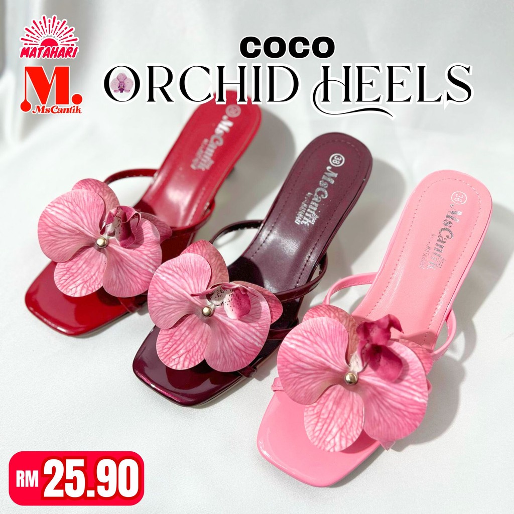 MATAHARI MS CANTIK Coco Orchid Heels Slip-On square head Women Flower High Heels Sandal Summer Casua
