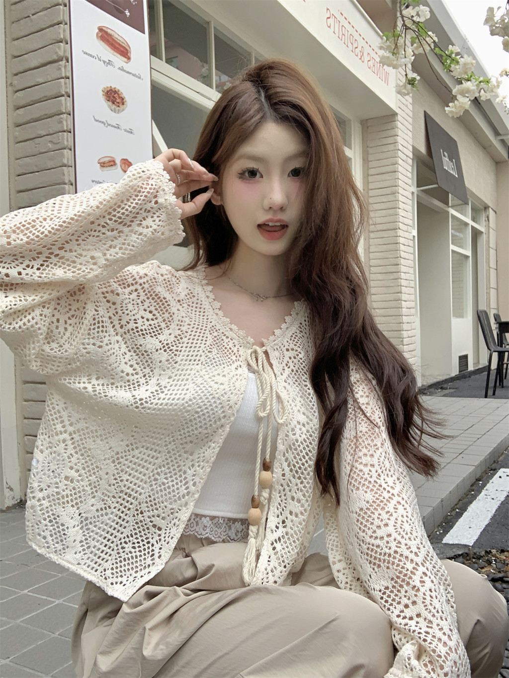 71732 เสื้อคาร์ดิแกนแขนยาว ทรงหลวม แต่งลูกไม้ ฉลุลาย กันแดด แฟชั่นฤดูร้อน