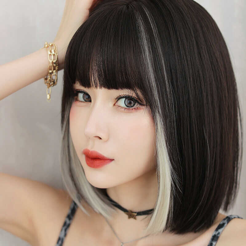 ➧ 7Jhh WIGS Short Bob Straight Synthetic Women Black White Wigs For Party Cosplay Natural Hair Fu