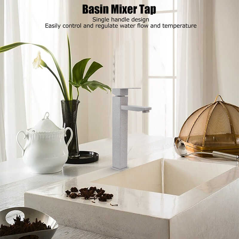 Basin Wash Faucet Single Handle Stainless Steel Tall Bathroom Hot Cold Mixer Tap Oatmeal Color