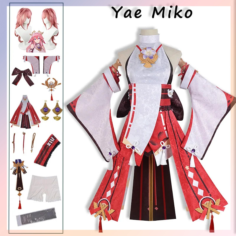 ￼ Yae Miko คอสเพลย์ Genshin Impact Yae Miko Guuji Yae เครื่องแต่งกายผู้หญิงผมยาวสีชมพูชุดวิกผมชุดปา