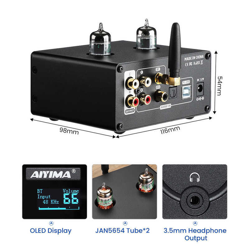 QCC3031 AIYIMA T10 Tube Preamp Headphone Amplifier Decoder Bluetooth RCA PC-USB Atpx Optical Fiber