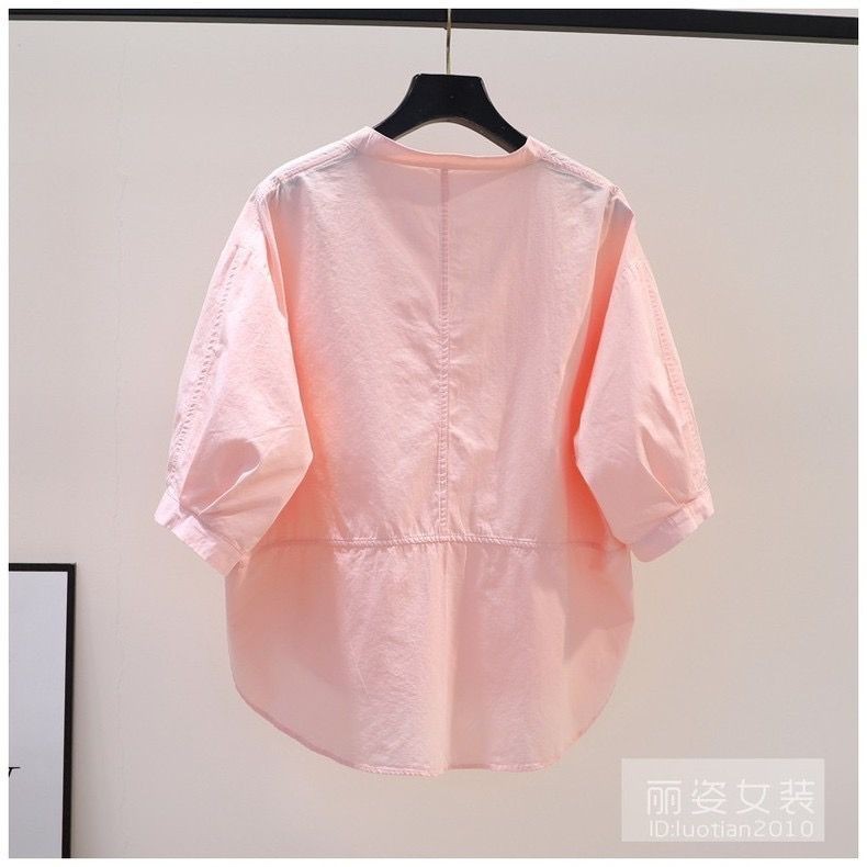 สีชมพูรอบคอเสื้อผู้หญิงฤดูร้อนหลวมกลางแขนเสื้อ ราคา ถูกที่สุด ดีลบีเคเค แกลเลอรีภาพที่ 4