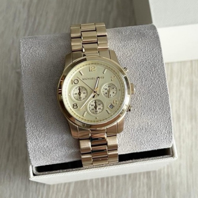 ♞(ผ่อน0%) นาฬิกา MKรุ่นโมเมสีทอง  MICHAEL KORS Midsized Chronograph Gold-tone Unisex Watch MK5055 R