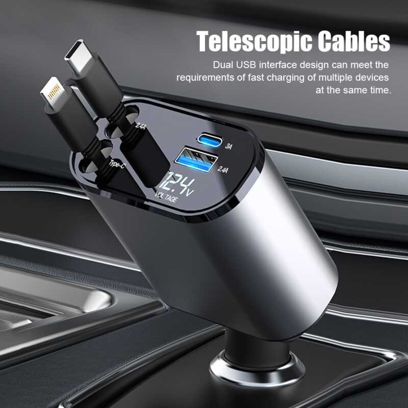 ❤ 100W 4 IN 1 Retractable Car Charger USB Type C Cable For Iphone Huawei Samsung Fast Charge Cord