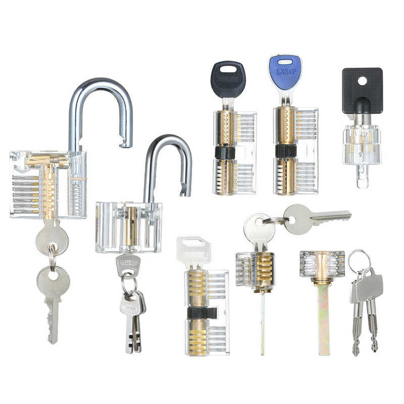 8 PCS Visible Practice Lock Set Transparent Padlock Tubular Lock Picking Training Locksmith Tools L