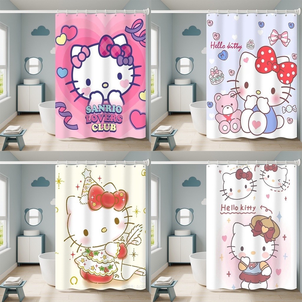 2024 Sanrios Hello Kitty Kawaii ม่านอาบน้ําการ์ตูน · ผ้าม่านห้องน้ํากันน้ํา · อาจตะขอตกแต่งบ้านอะนิเมะ